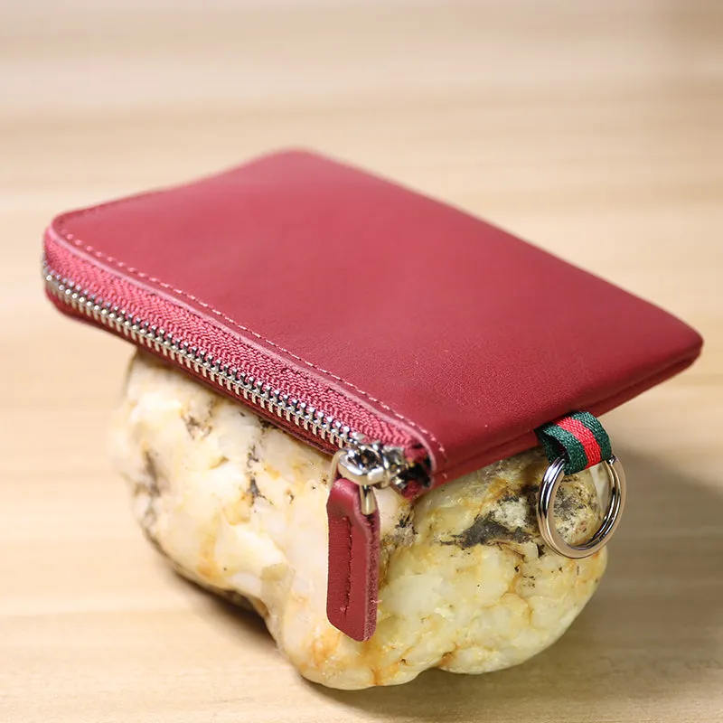 Slim Women Navy Leather Mini Zip Wallet with Keychain Billfold Minimalist Coin Wallet Small Zip Change Wallet For Women