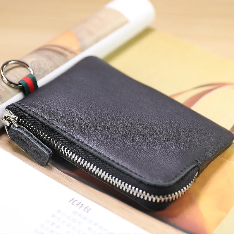 Slim Women Navy Leather Mini Zip Wallet with Keychain Billfold Minimalist Coin Wallet Small Zip Change Wallet For Women