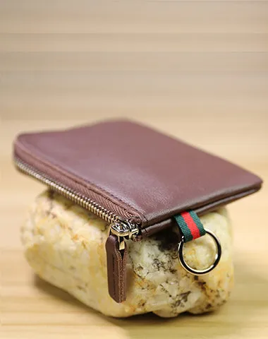 Slim Women Navy Leather Mini Zip Wallet with Keychain Billfold Minimalist Coin Wallet Small Zip Change Wallet For Women