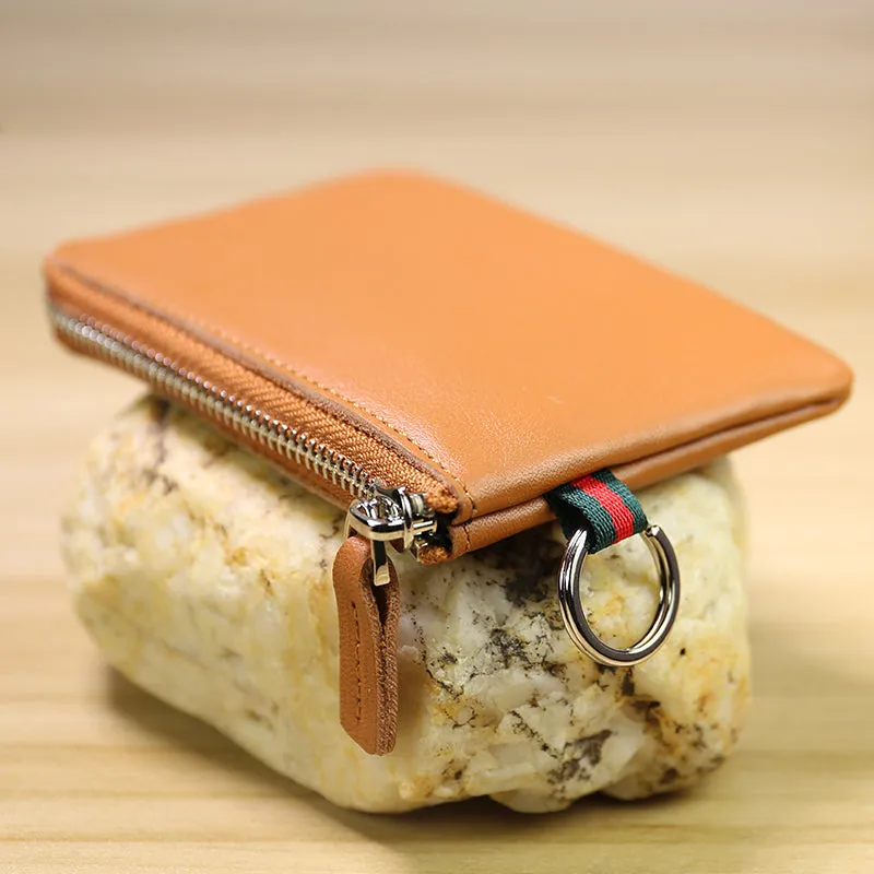 Slim Women Navy Leather Mini Zip Wallet with Keychain Billfold Minimalist Coin Wallet Small Zip Change Wallet For Women