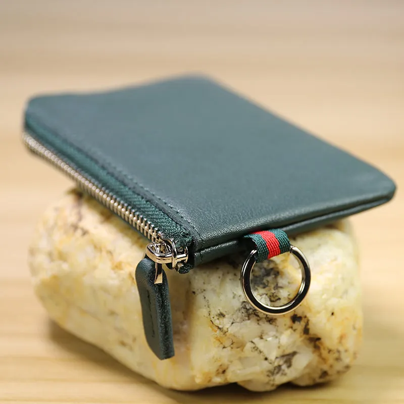 Slim Women Navy Leather Mini Zip Wallet with Keychain Billfold Minimalist Coin Wallet Small Zip Change Wallet For Women