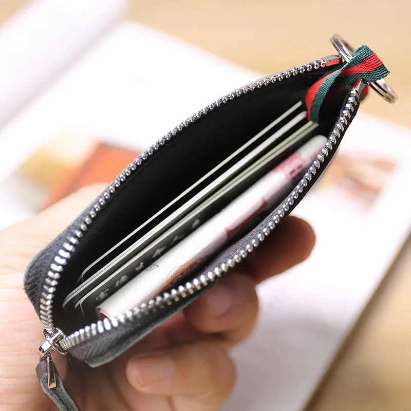 Slim Women Navy Leather Mini Zip Wallet with Keychain Billfold Minimalist Coin Wallet Small Zip Change Wallet For Women