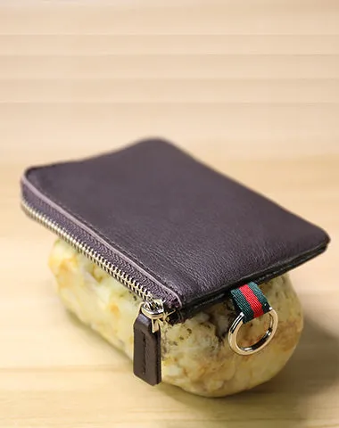 Slim Women Navy Leather Mini Zip Wallet with Keychain Billfold Minimalist Coin Wallet Small Zip Change Wallet For Women