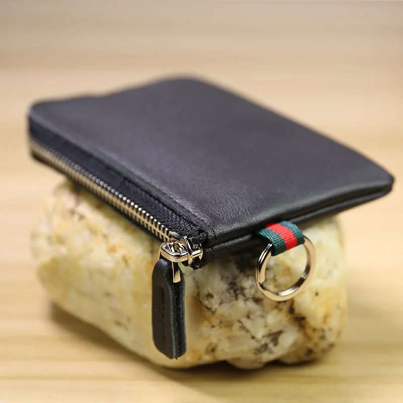 Slim Women Tan Leather Mini Zip Wallet with Keychain Billfold Minimalist Coin Wallet Small Zip Change Wallet For Women