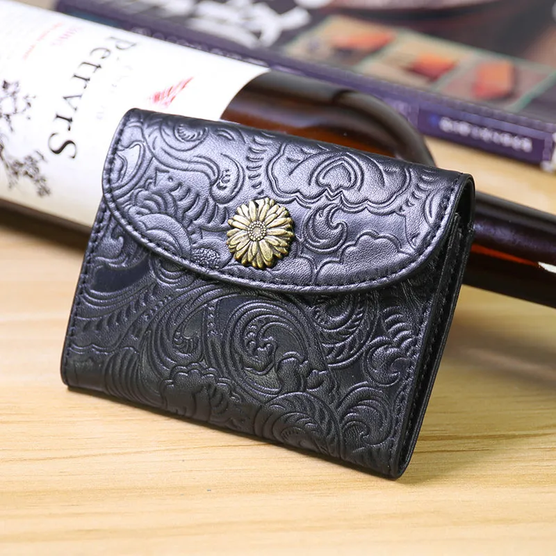 SunFlower Womens Black Leather Billfold Wallet Small Wallet with Coin Pocket Envelope Wallet for Ladies