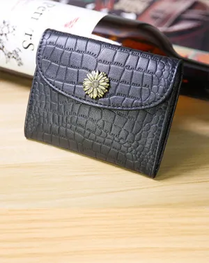 SunFlower Womens Black Leather Billfold Wallet Small Wallet with Coin Pocket Envelope Wallet for Ladies