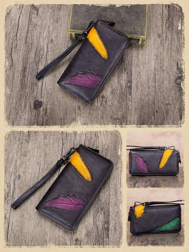 Tan Tooled Womens Leather Clutch Wallet Zipper Wristlet Wallet Feather Bifold Long Purse for Ladies