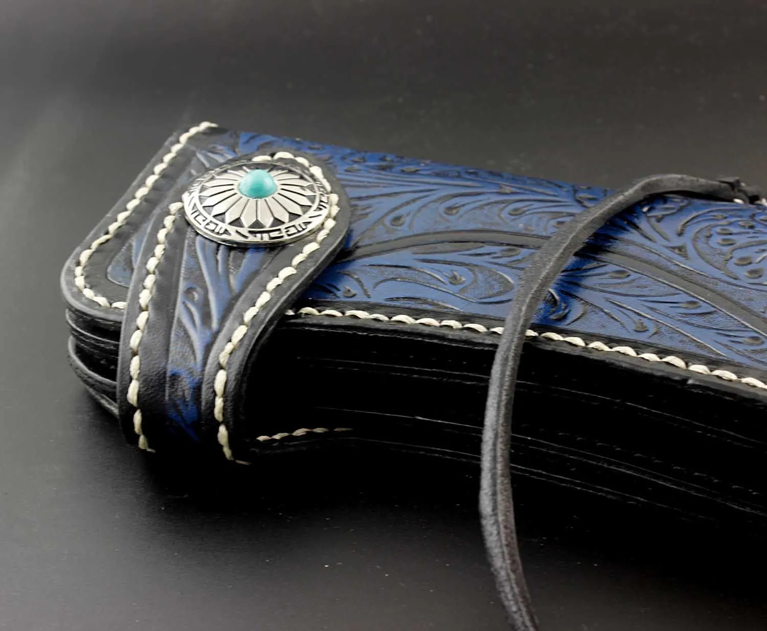 Tooled Handmade Blue Leather Men's Chain Wallet Motorcycle Wallet Long Wallet with Chain For Men