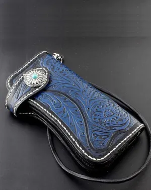 Tooled Handmade Blue Leather Men's Chain Wallet Motorcycle Wallet Long Wallet with Chain For Men