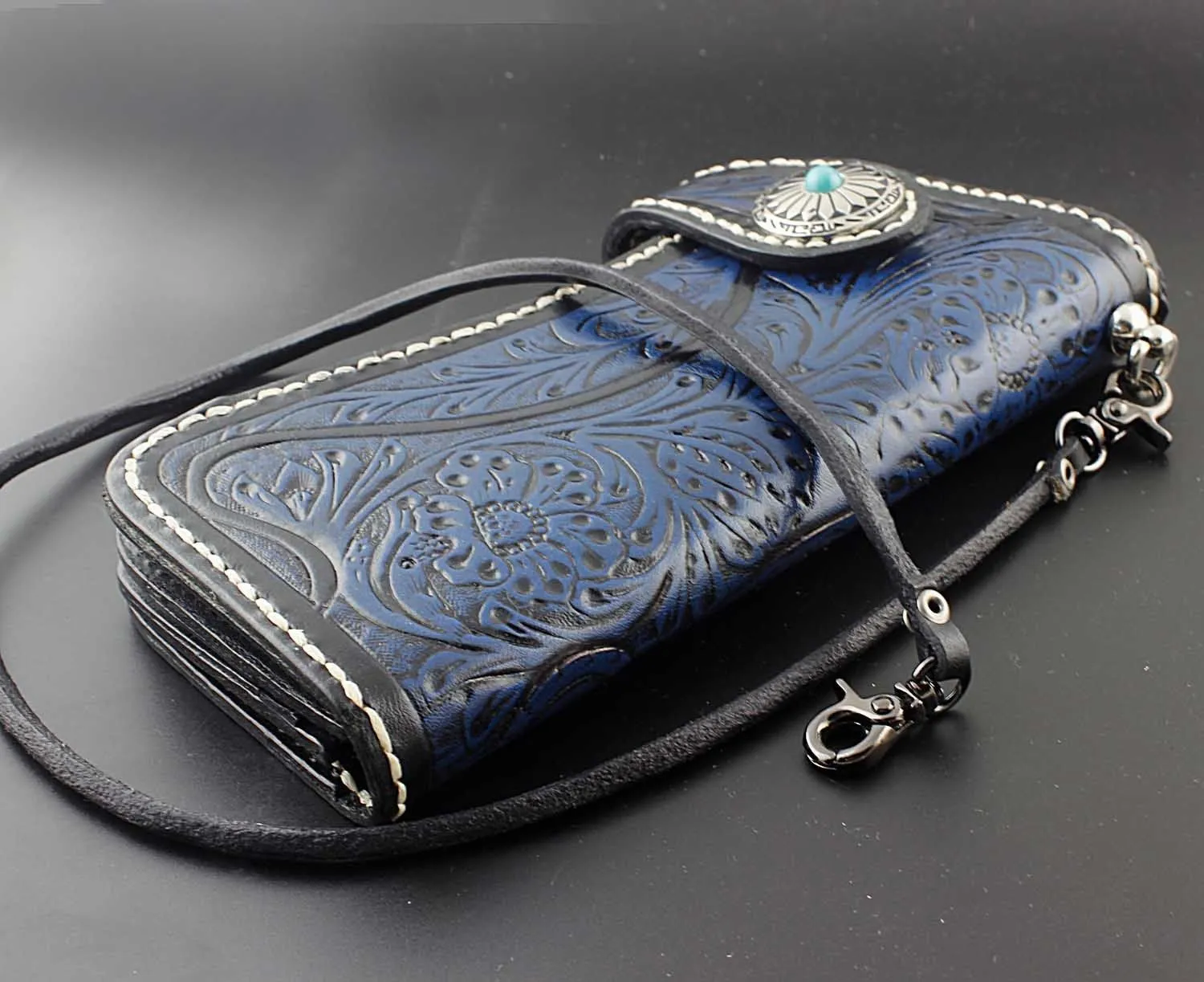 Tooled Handmade Blue Leather Men's Chain Wallet Motorcycle Wallet Long Wallet with Chain For Men