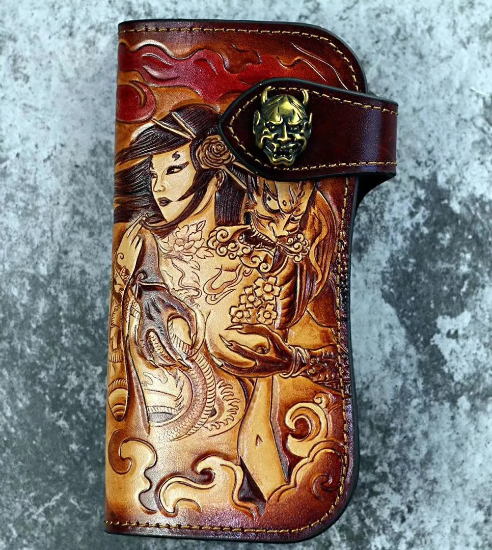 Tooled Leather Biker Wallet Prajna Biker Chain Wallet Handmade Long Wallet for Men