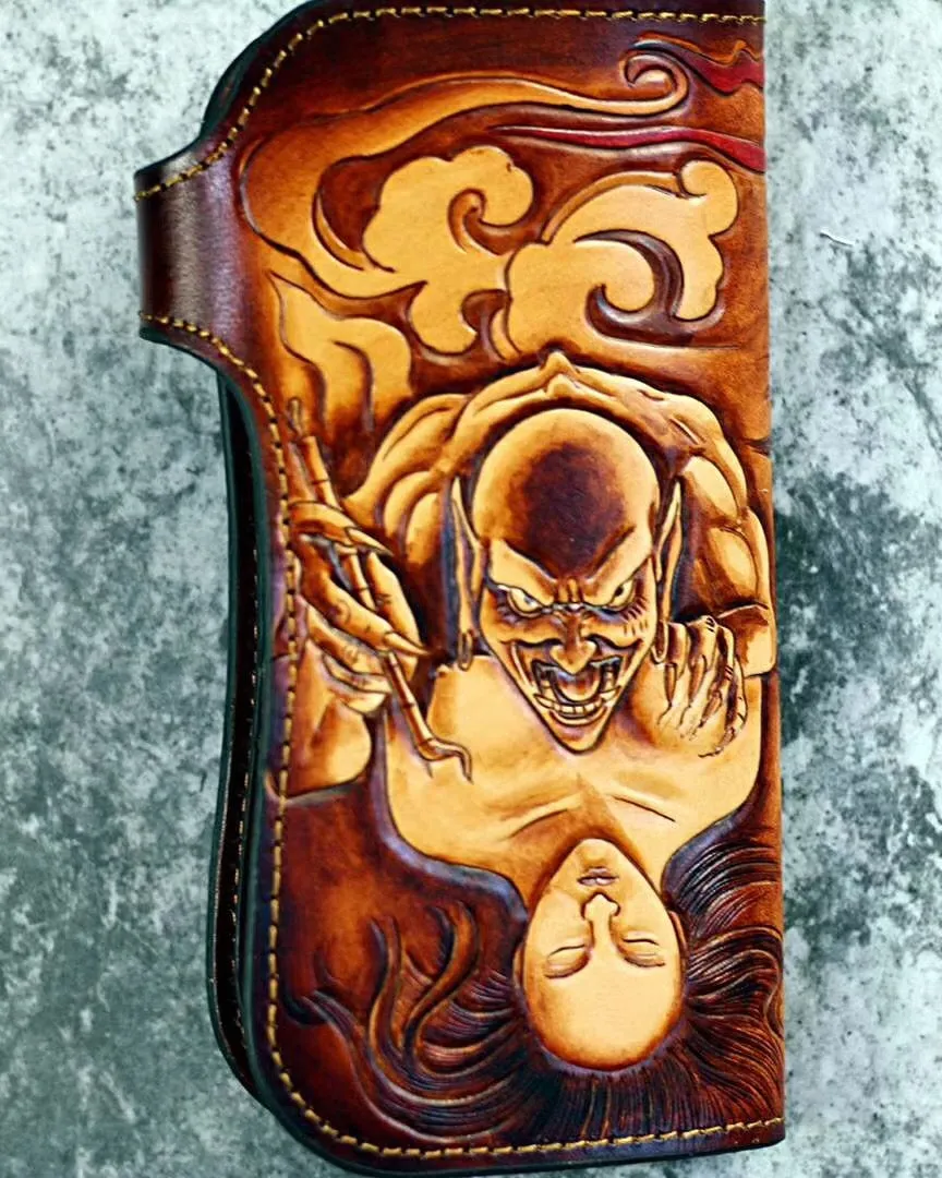 Tooled Leather Biker Wallet Prajna Biker Chain Wallet Handmade Long Wallet for Men