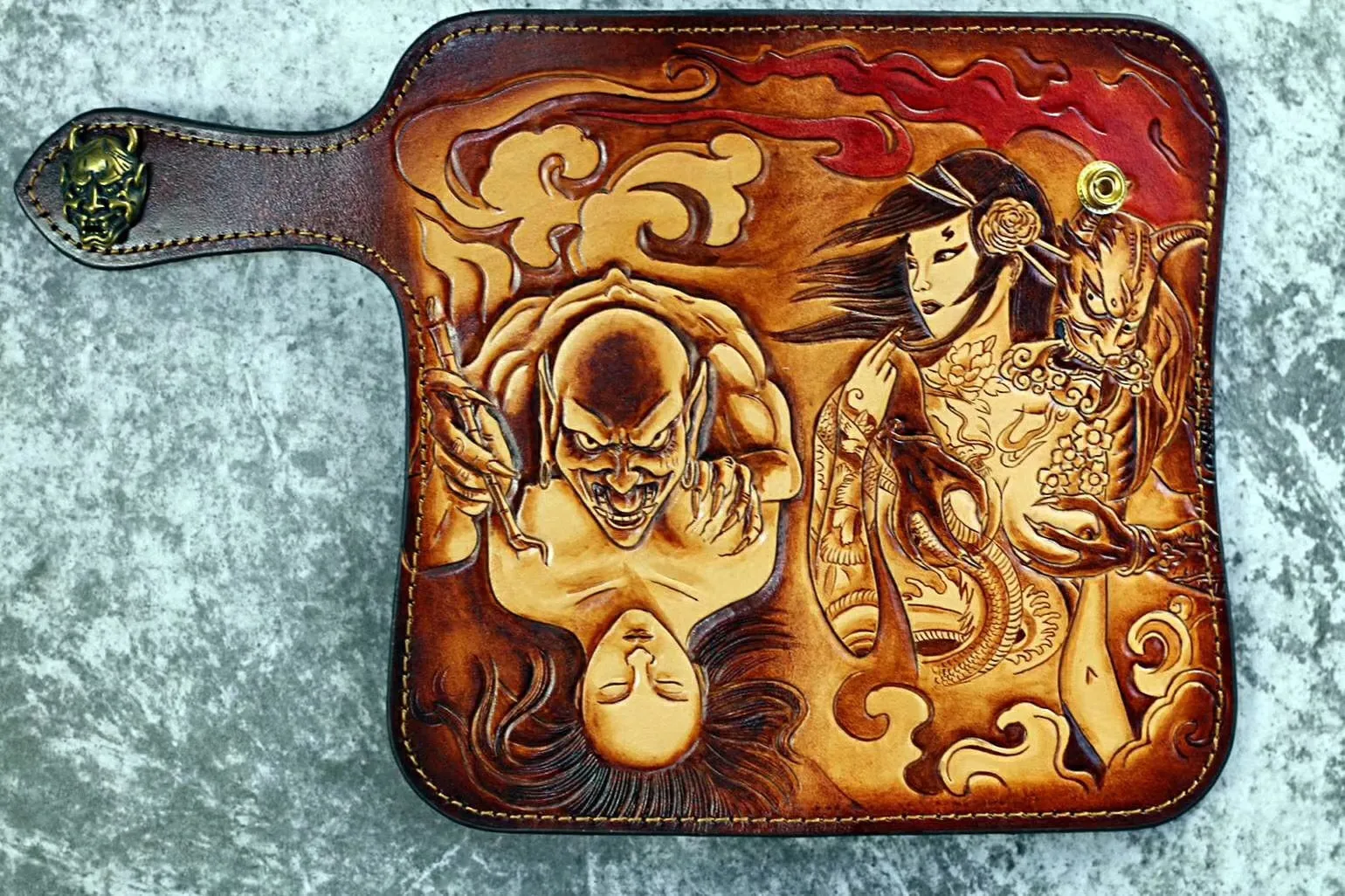 Tooled Leather Biker Wallet Prajna Biker Chain Wallet Handmade Long Wallet for Men