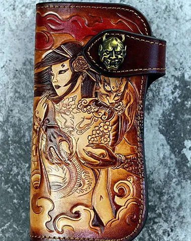Tooled Leather Biker Wallet Prajna Biker Chain Wallet Handmade Long Wallet for Men