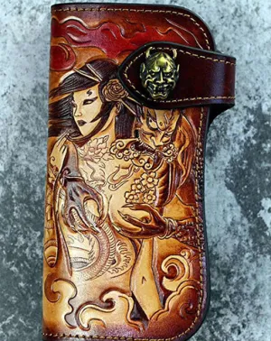 Tooled Leather Biker Wallet Prajna Biker Chain Wallet Handmade Long Wallet for Men