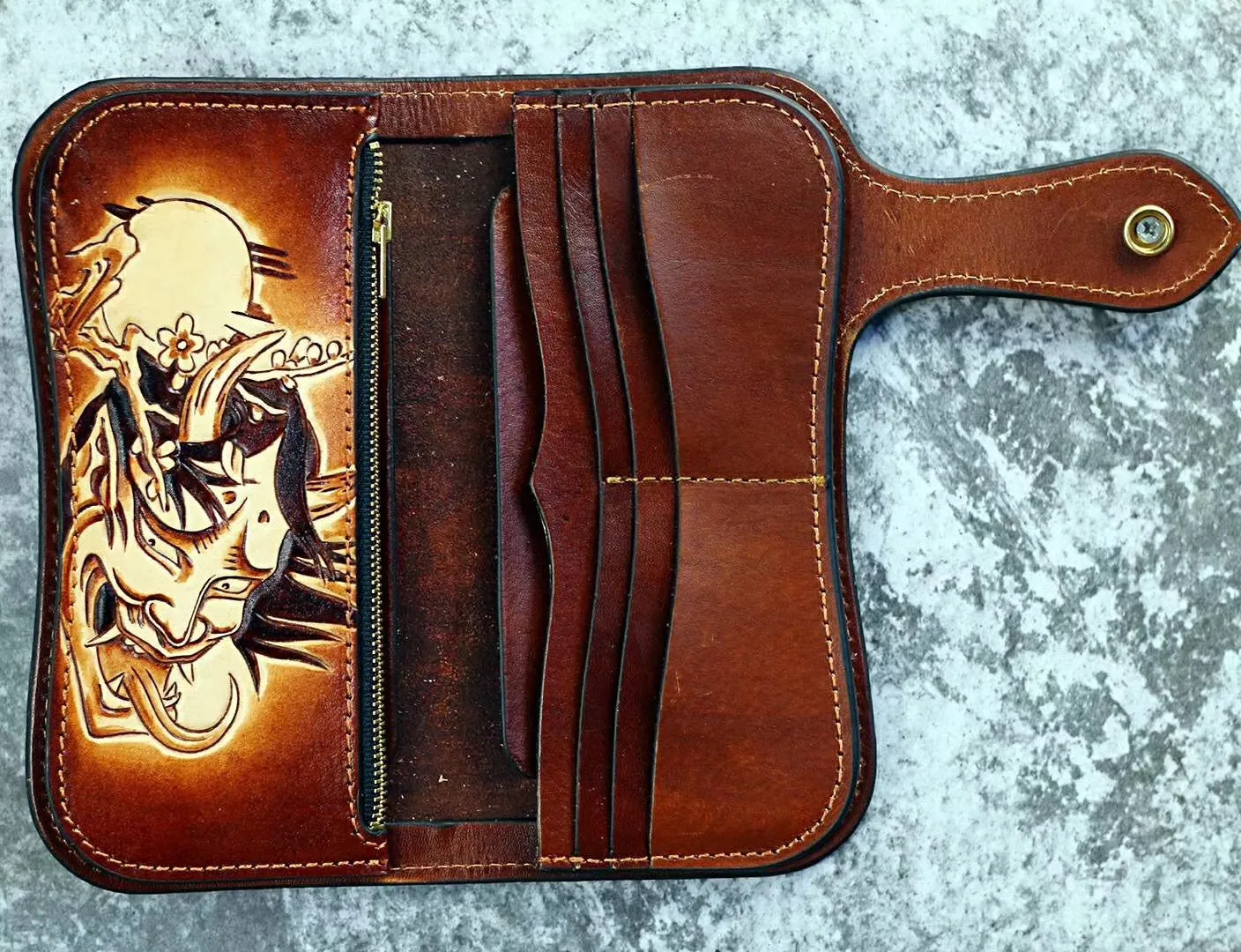 Tooled Leather Biker Wallet Prajna Biker Chain Wallet Handmade Long Wallet for Men