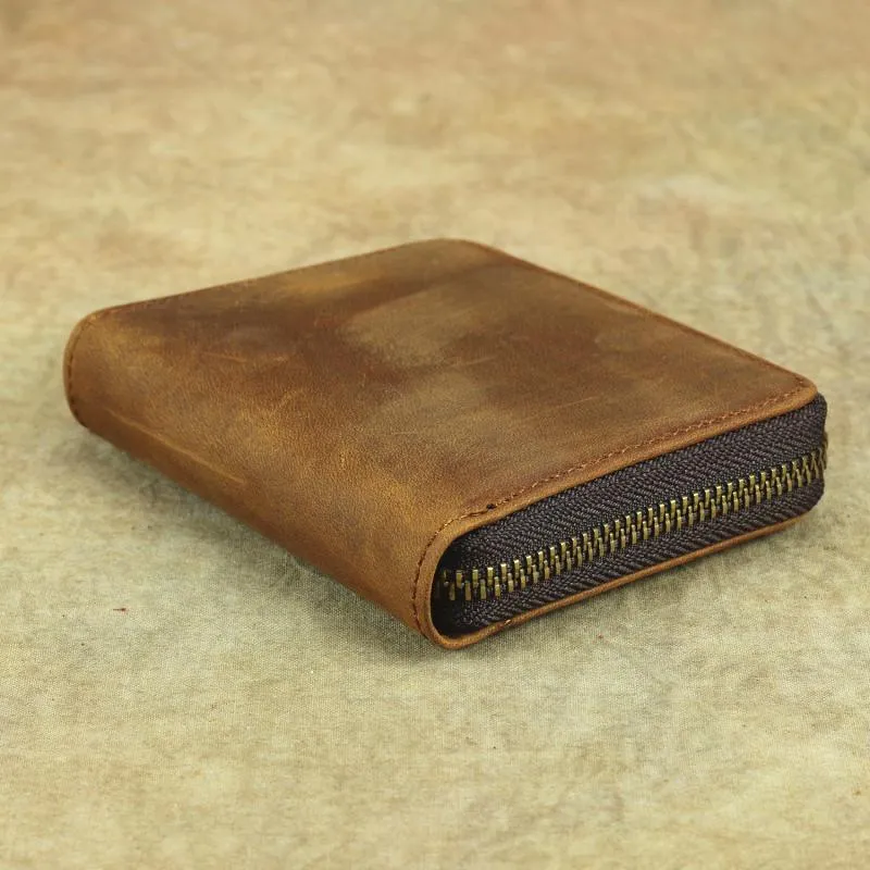 Vintage Bifold Leather Men's Zipper Small Wallet billfold Zipper Wallet For Men