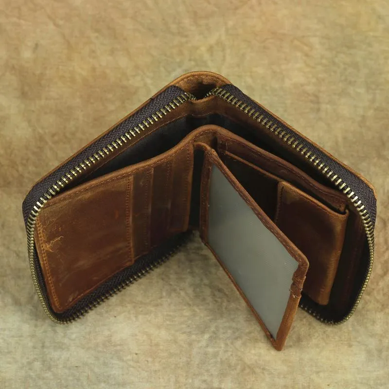 Vintage Bifold Leather Men's Zipper Small Wallet billfold Zipper Wallet For Men