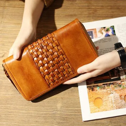 Vintage Brown Braided Leather Long Zipper Clutch Wallet Phone Purse Clutch For Women