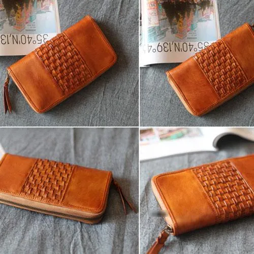 Vintage Brown Braided Leather Long Zipper Clutch Wallet Phone Purse Clutch For Women