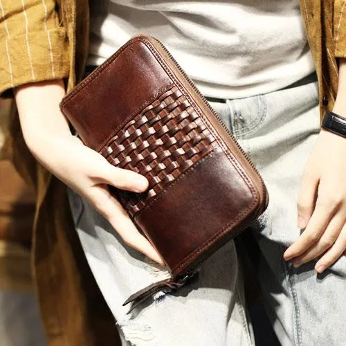 Vintage Brown Braided Leather Long Zipper Clutch Wallet Phone Purse Clutch For Women