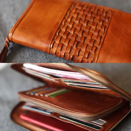 Vintage Brown Braided Leather Long Zipper Clutch Wallet Phone Purse Clutch For Women