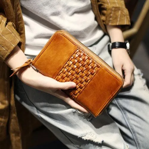 Vintage Brown Braided Leather Long Zipper Clutch Wallet Phone Purse Clutch For Women