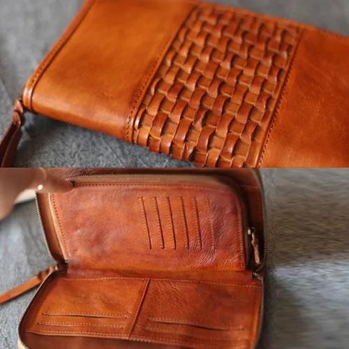Vintage Brown Braided Leather Long Zipper Clutch Wallet Phone Purse Clutch For Women
