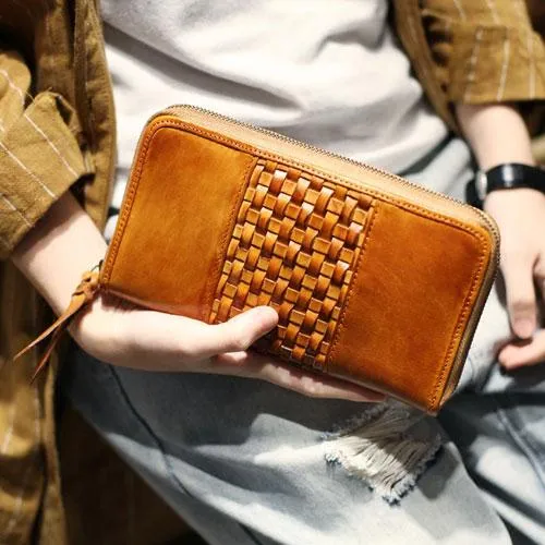 Vintage Brown Braided Leather Long Zipper Clutch Wallet Phone Purse Clutch For Women