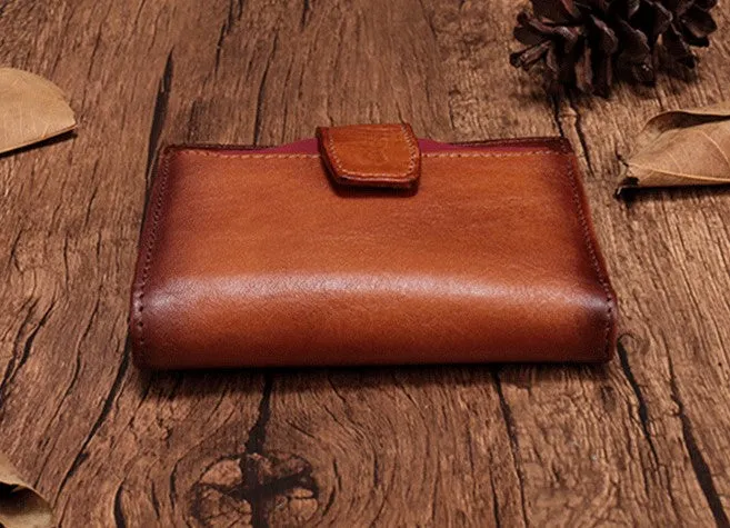 Vintage Brown Leather Womens Bifold Small Wallet Red billfold Wallet for Women