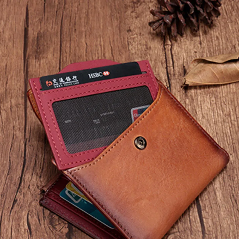Vintage Brown Leather Womens Bifold Small Wallet Red billfold Wallet for Women
