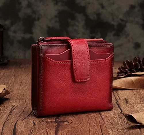 Vintage Brown Leather Womens Bifold Small Wallet Red billfold Wallet for Women