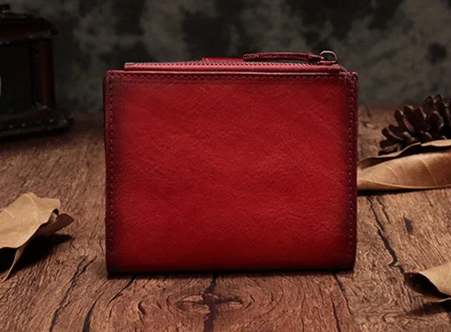 Vintage Brown Leather Womens Bifold Small Wallet Red billfold Wallet for Women
