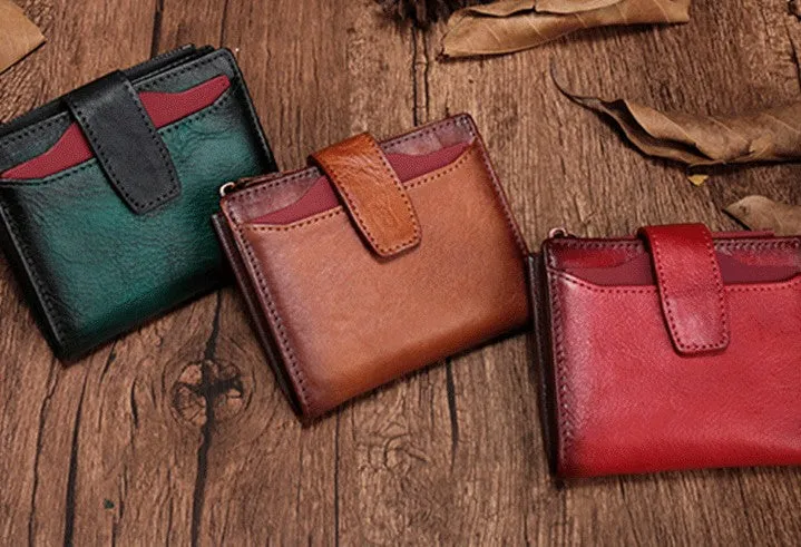 Vintage Brown Leather Womens Bifold Small Wallet Red billfold Wallet for Women
