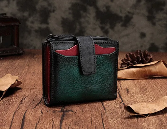 Vintage Brown Leather Womens Bifold Small Wallet Red billfold Wallet for Women