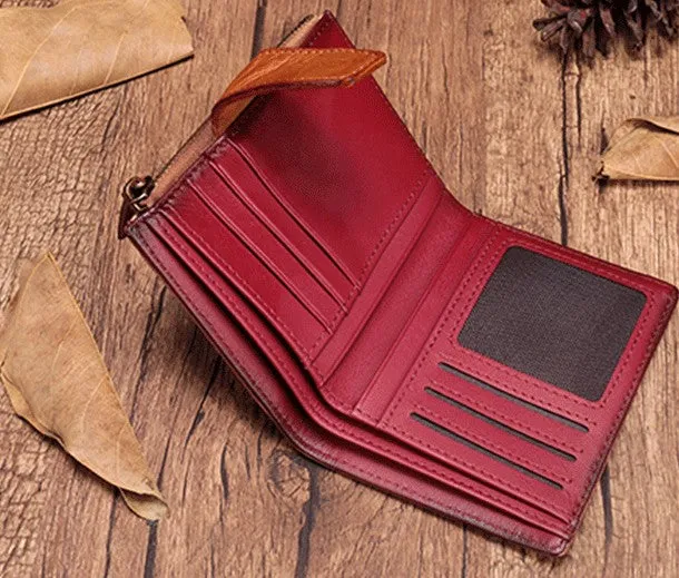Vintage Brown Leather Womens Bifold Small Wallet Red billfold Wallet for Women