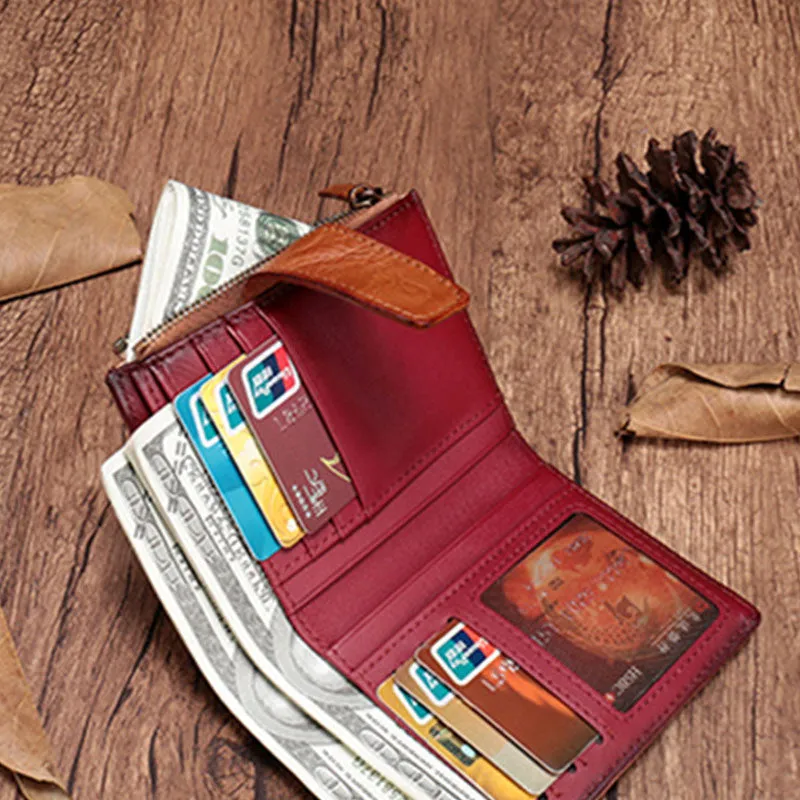 Vintage Brown Leather Womens Bifold Small Wallet Red billfold Wallet for Women