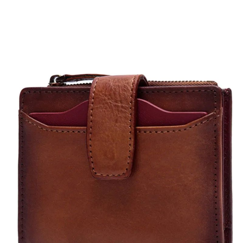 Vintage Brown Leather Womens Bifold Small Wallet Red billfold Wallet for Women