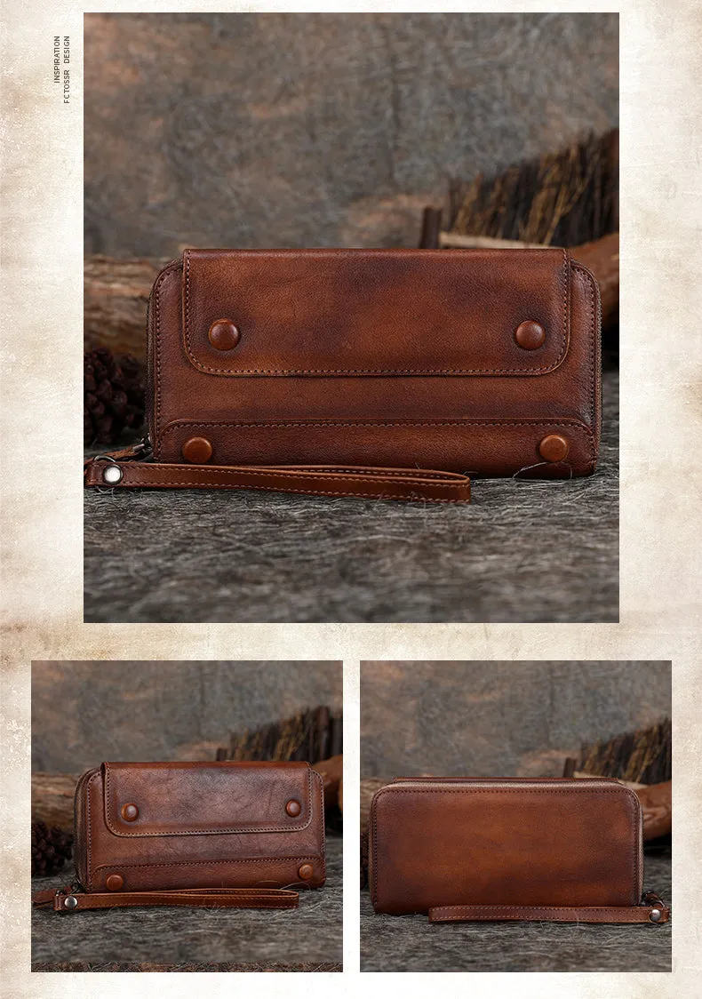 Vintage Brown Leather Wristlet Wallets Womens Zip Around Wallet Ladies Bifold Clutch Wallet for Women
