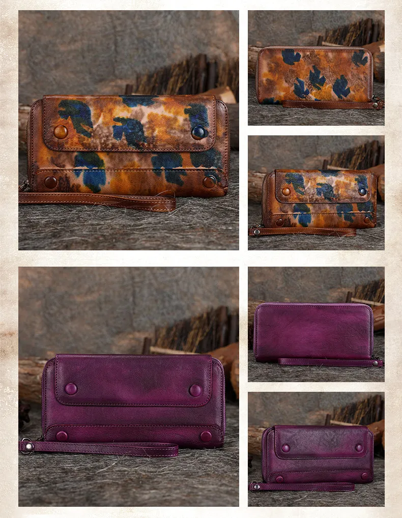 Vintage Brown Leather Wristlet Wallets Womens Zip Around Wallet Ladies Bifold Clutch Wallet for Women