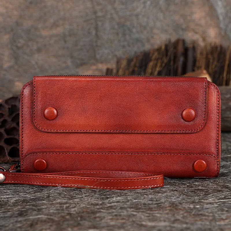 Vintage Brown Leather Wristlet Wallets Womens Zip Around Wallet Ladies Bifold Clutch Wallet for Women