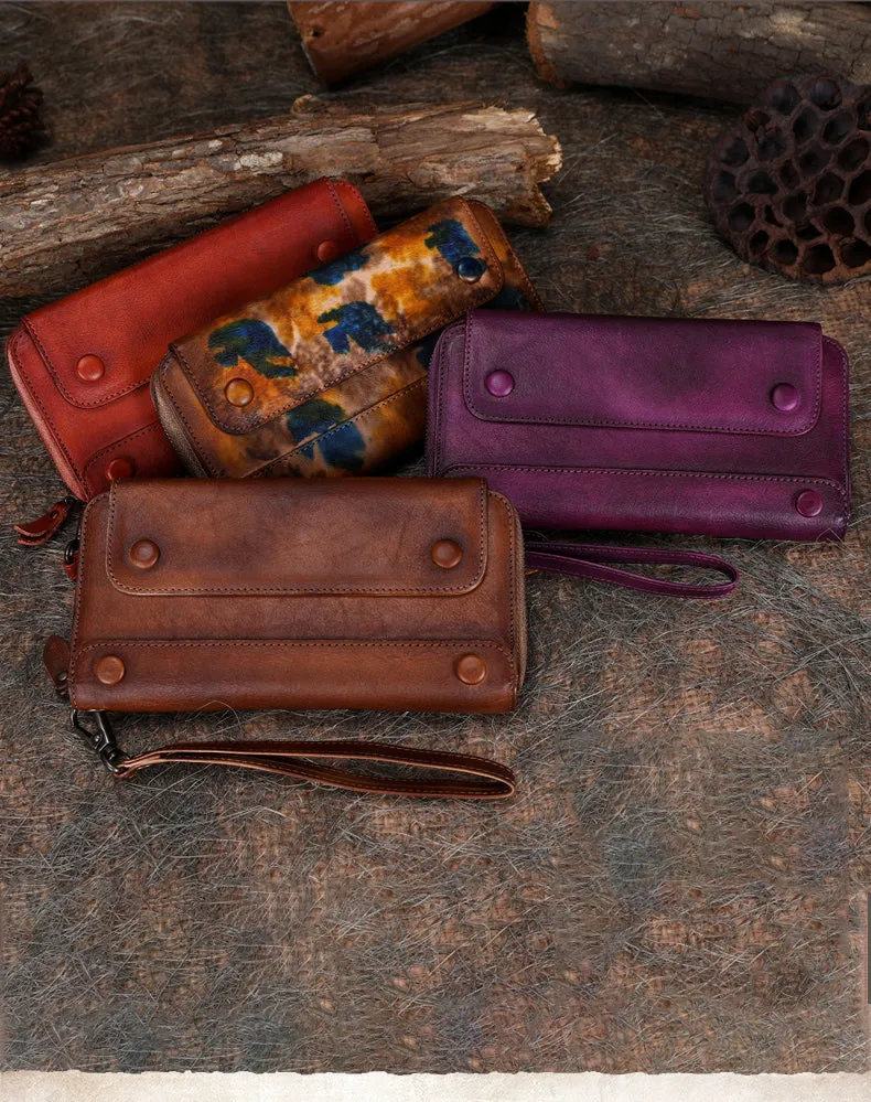 Vintage Brown Leather Wristlet Wallets Womens Zip Around Wallet Ladies Bifold Clutch Wallet for Women
