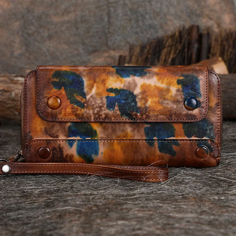 Vintage Brown Leather Wristlet Wallets Womens Zip Around Wallet Ladies Bifold Clutch Wallet for Women