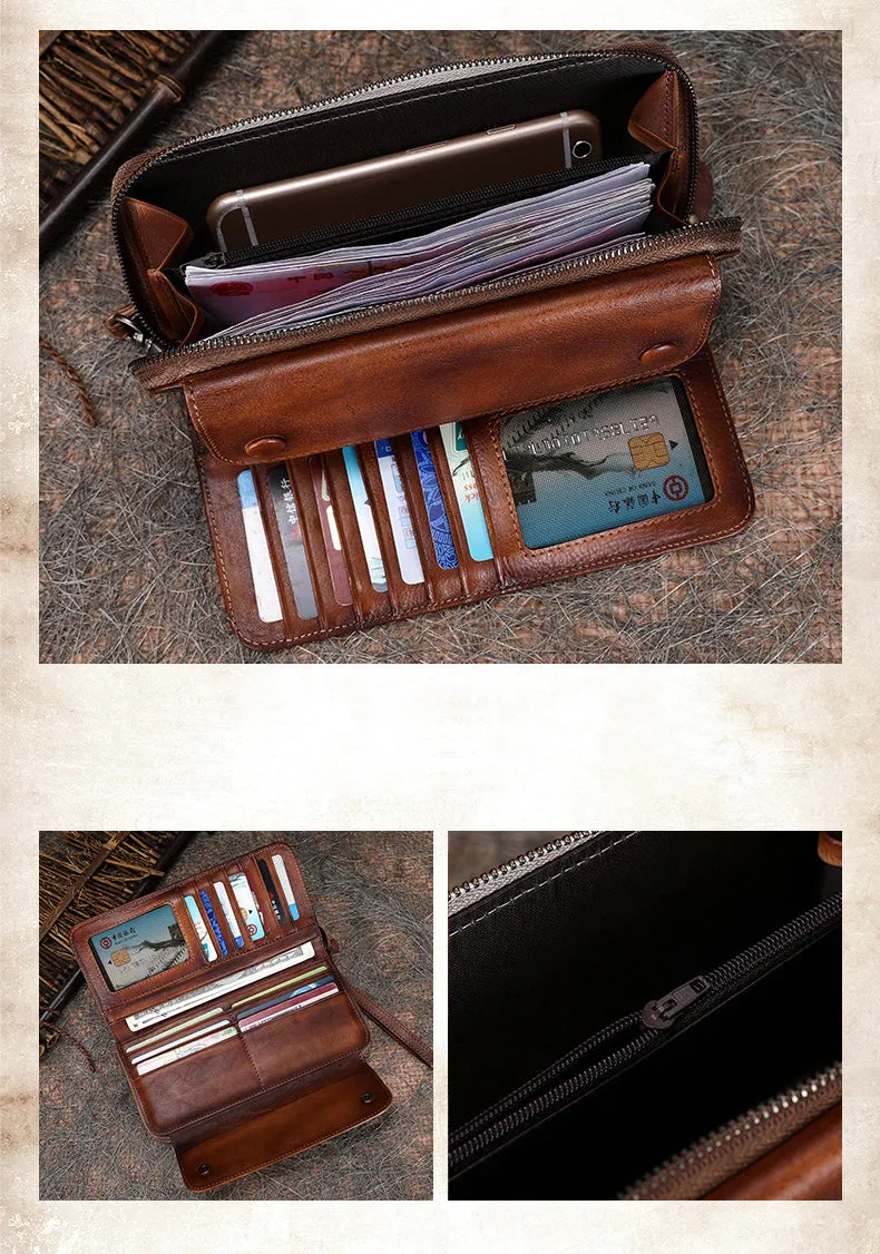Vintage Brown Leather Wristlet Wallets Womens Zip Around Wallet Ladies Bifold Clutch Wallet for Women