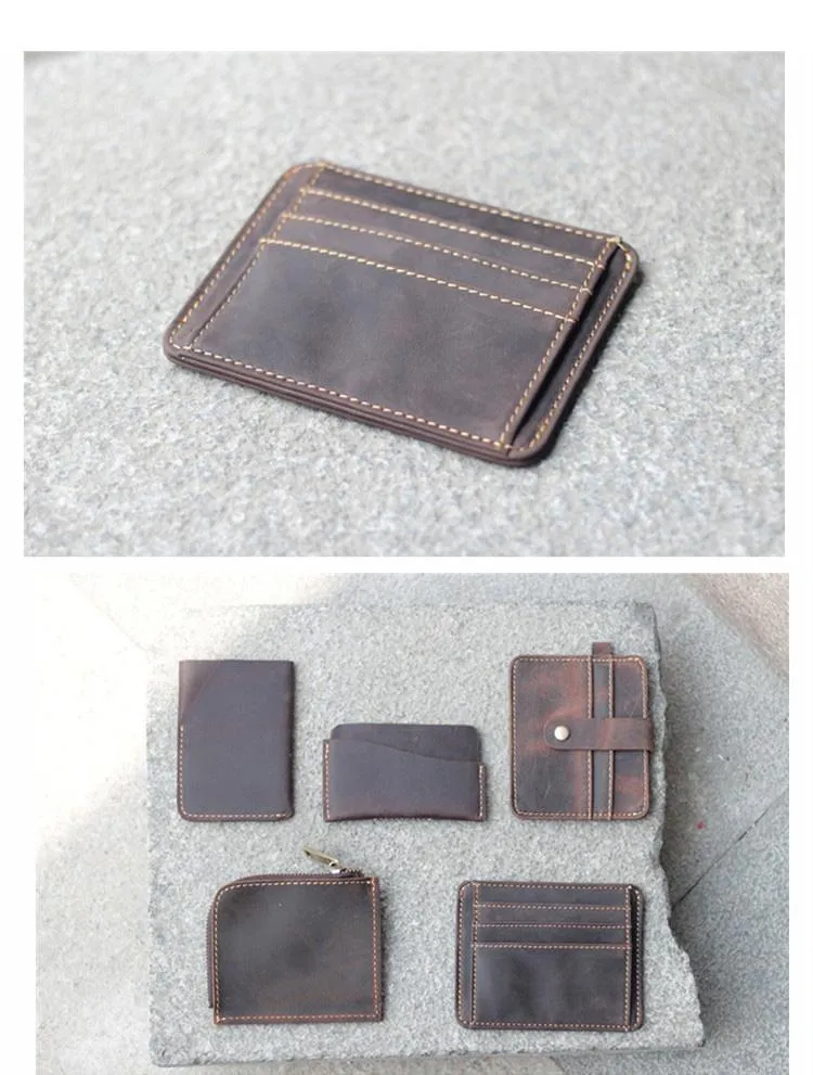 Vintage Brown Slim Leather Mens Card Wallet Small Card Holder Front Pocket Wallet For Men