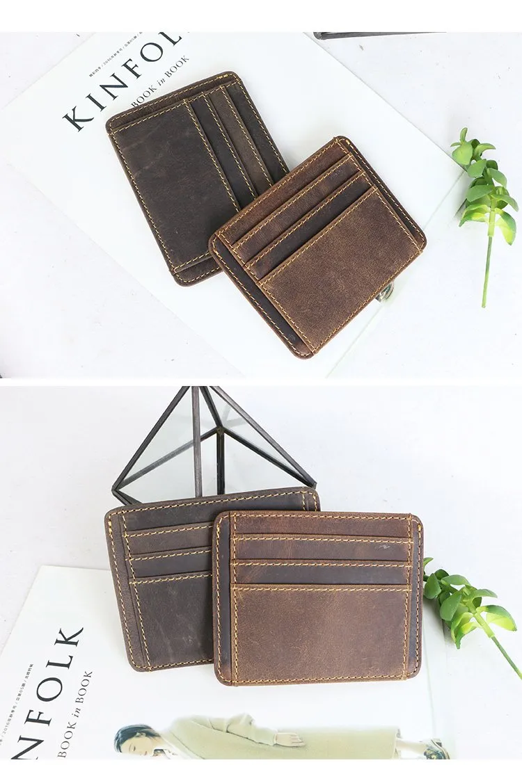 Vintage Brown Slim Leather Mens Card Wallet Small Card Holder Front Pocket Wallet For Men
