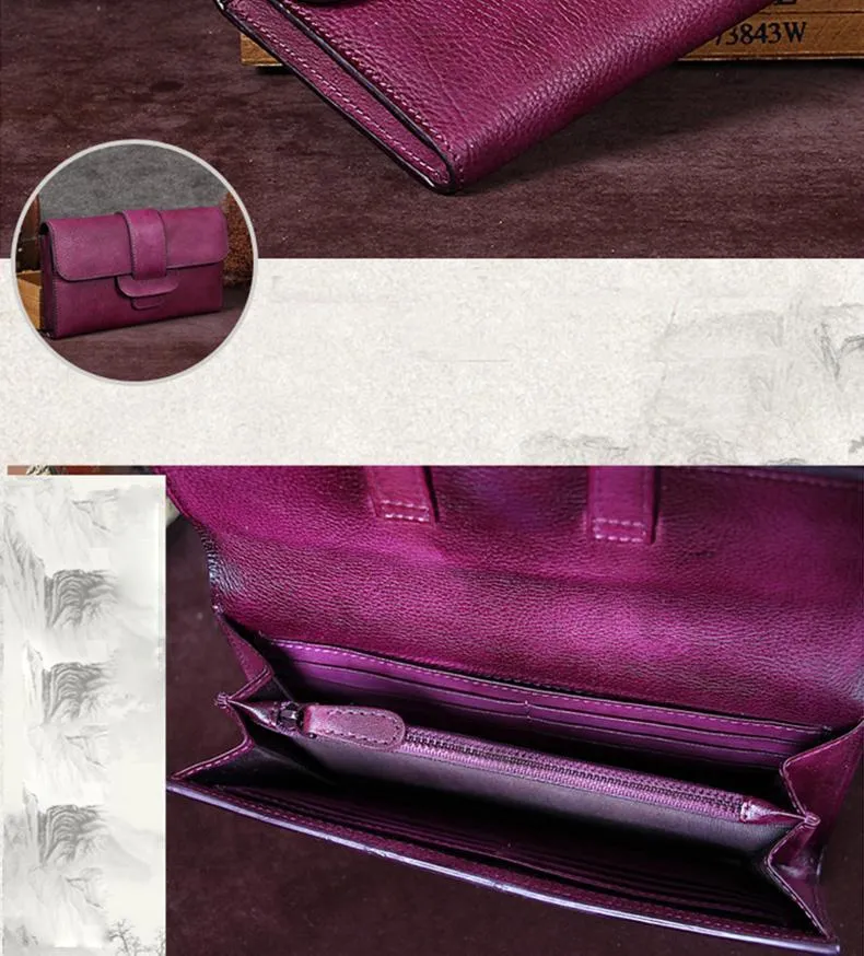 Vintage Brown Womens Leather Clutch Wallet Blue Long Wallet Bifold Wallet for Ladies