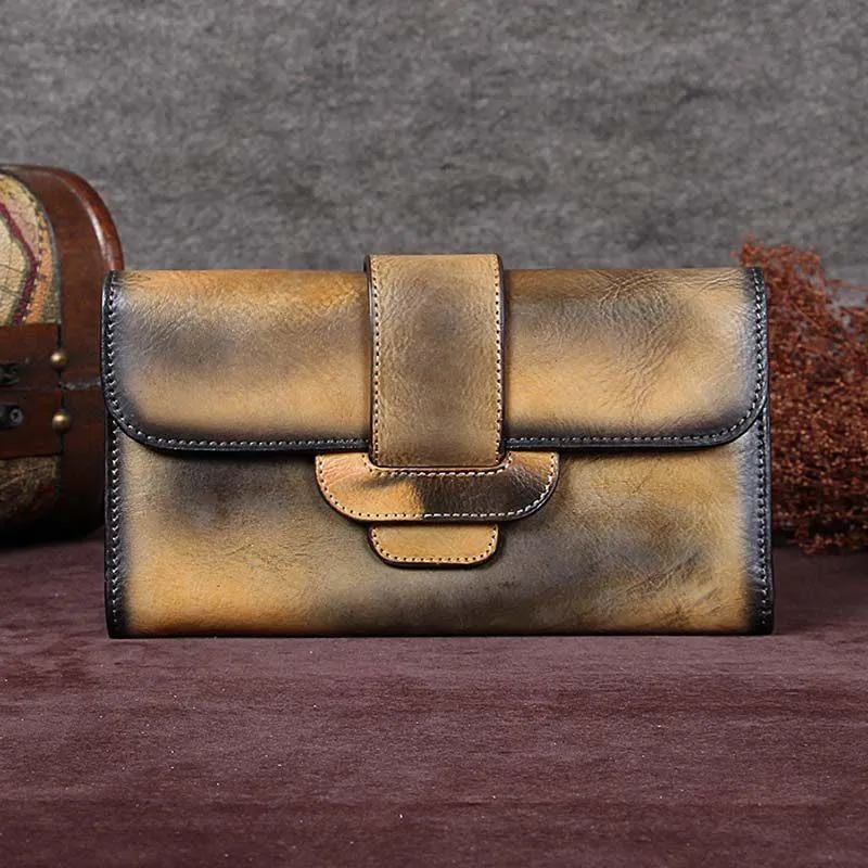 Vintage Brown Womens Leather Clutch Wallet Blue Long Wallet Bifold Wallet for Ladies