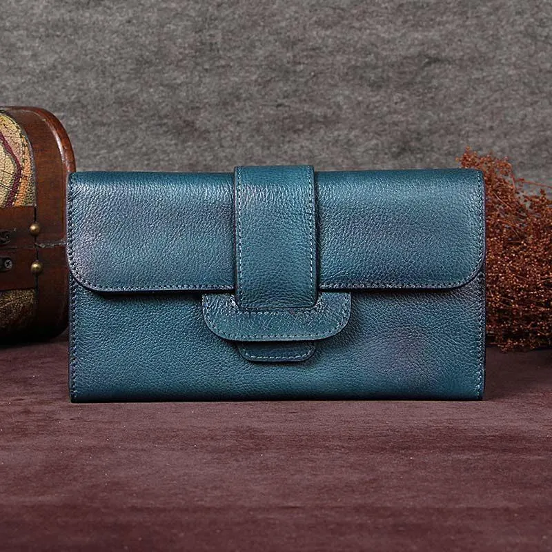 Vintage Brown Womens Leather Clutch Wallet Blue Long Wallet Bifold Wallet for Ladies