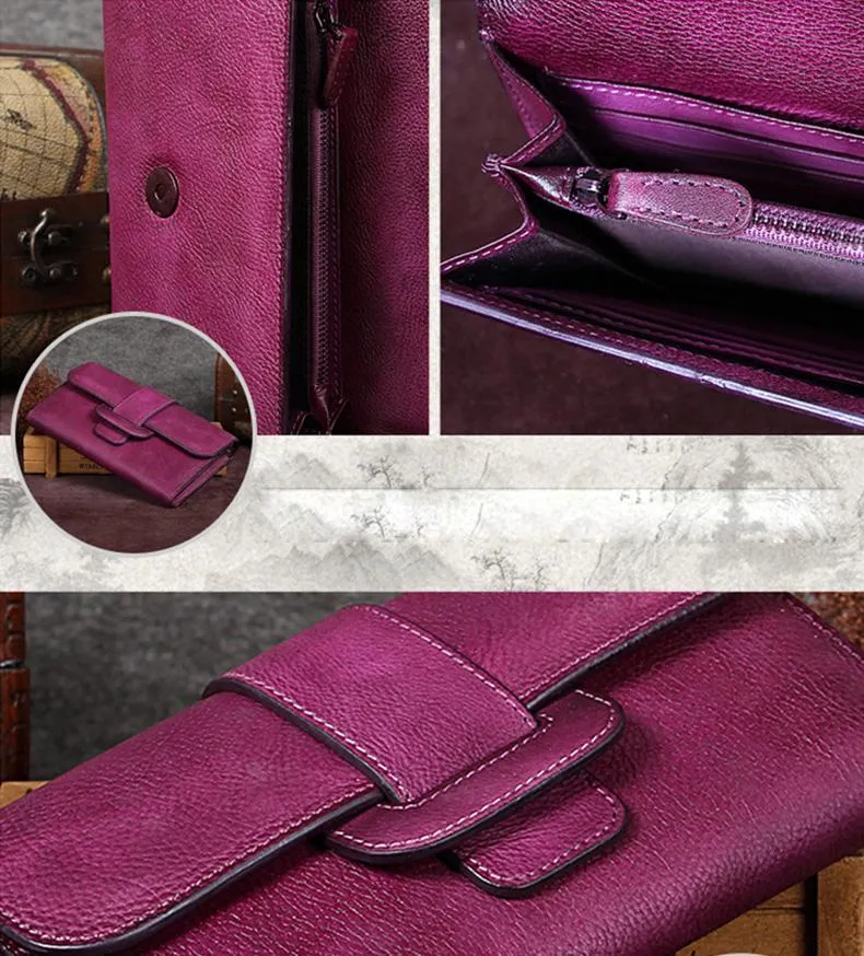 Vintage Brown Womens Leather Clutch Wallet Blue Long Wallet Bifold Wallet for Ladies